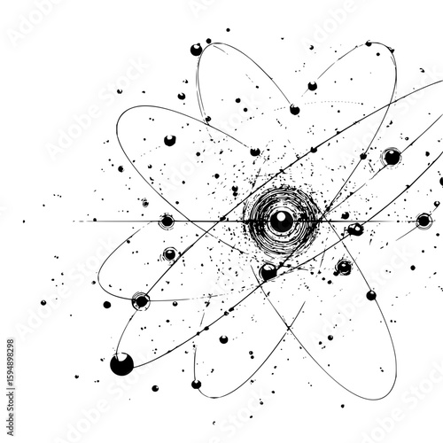 Stylized atom representation with orbital paths and scattered particles in black and white drawing
