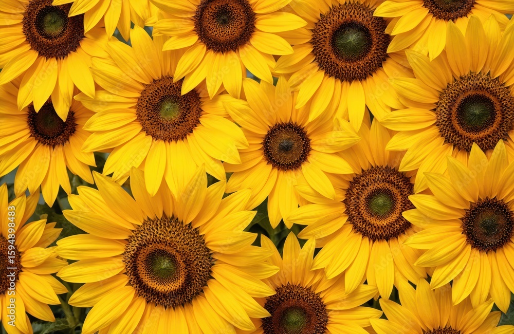 Obraz premium Close-up of bright yellow sunflowers with detailed centers. Petals form vibrant, repeating natural pattern against soft green background. This image conveys summer vitality, growth, organic beauty.