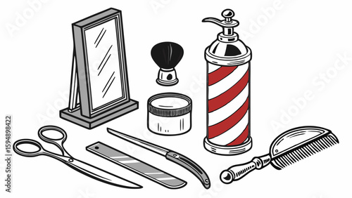 Classic barbershop tools and equipment set. Vintage barber pole, scissors, straight razor, comb, shaving brush, mirror. Grooming.