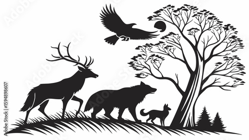 Wildlife silhouette of deer, wolf, eagle, and coyote in a natural forest landscape. North American animals and nature.