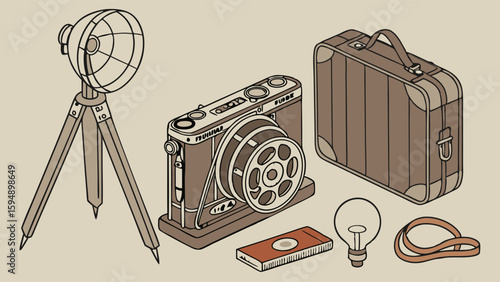 Retro photography studio equipment set with vintage camera, tripod, flash, and old suitcase. Classic gear.