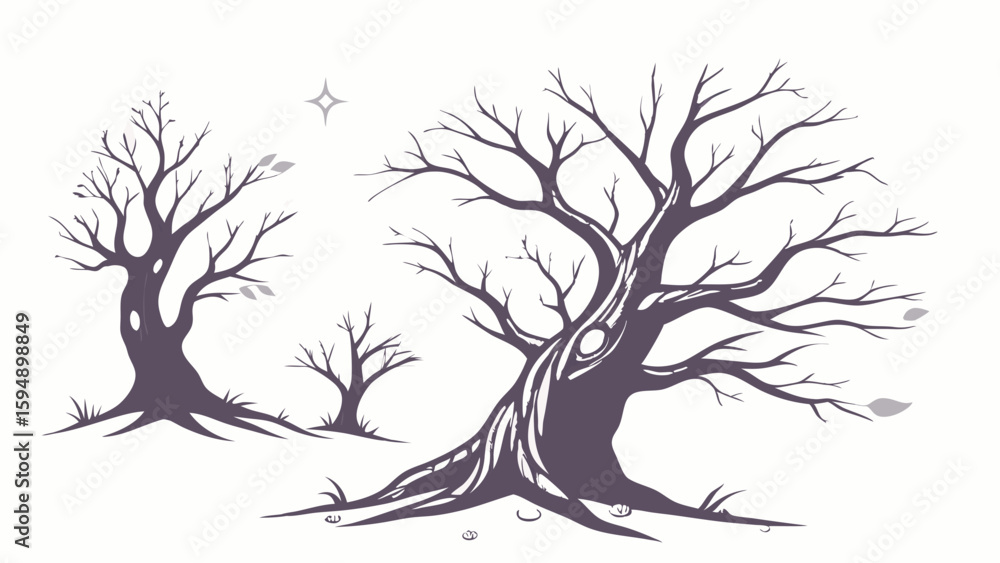 Fototapeta premium Spooky Bare Trees Silhouette Set. Leafless Branches for Winter, Autumn, or Halloween Designs. Creepy Nature Illustration.