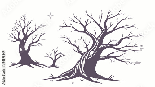 Spooky Bare Trees Silhouette Set. Leafless Branches for Winter, Autumn, or Halloween Designs. Creepy Nature Illustration.