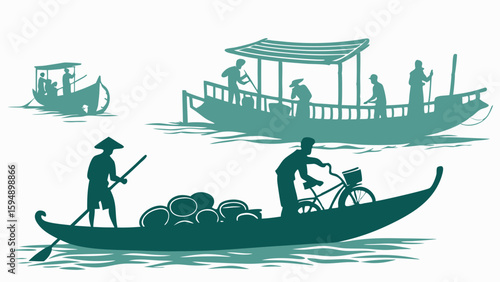 Southeast Asian Floating Market Boats People Silhouette Traditional River Life Culture Travel Vector Illustration Graphic