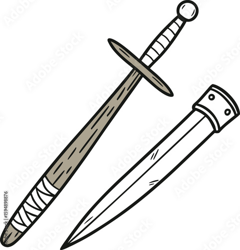 Vector illustration of an isolated antique metal sword with a sharp blade and handle, a medieval military weapon