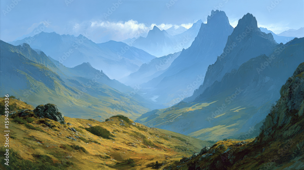 Obraz premium Distant Mountain Range and Valley Landscape with Haze