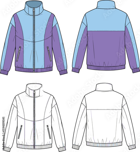 CAD drawing flat vector illustration, zip-front jacket design, color-blocked outerwear, high collar style, technical garment sketch, fashion template