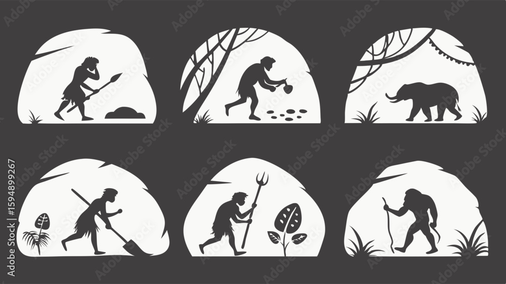 Fototapeta premium Human Evolution Stages Prehistoric Caveman Life Stone Age Hunter Gatherer Agriculture Primitive Man Development Silhouette Vector
