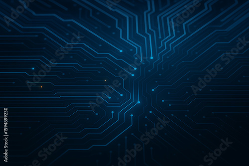 Dark blue computer circuit board background showcases technology, connectivity, and futuristic data transmission with glowing paths.