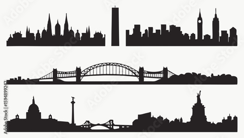 Famous city skylines silhouettes set. World travel destinations and iconic urban architecture. Global landmark collection.