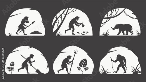 Human Evolution Stages Prehistoric Caveman Life Stone Age Hunter Gatherer Agriculture Primitive Man Development Silhouette Vector