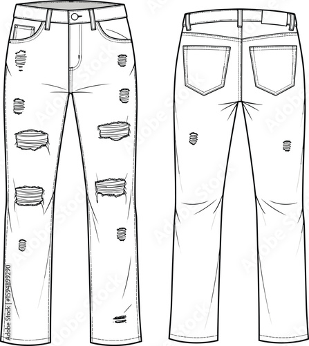 CAD drawing flat vector illustration, distressed jeans fashion sketch, front and back views, ripped denim detail, technical garment layout
