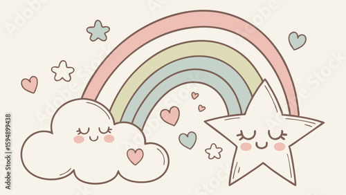 Cute pastel rainbow, sleeping cloud, and star illustration for baby nursery, kids room, sweet dreams, and good night themes.
