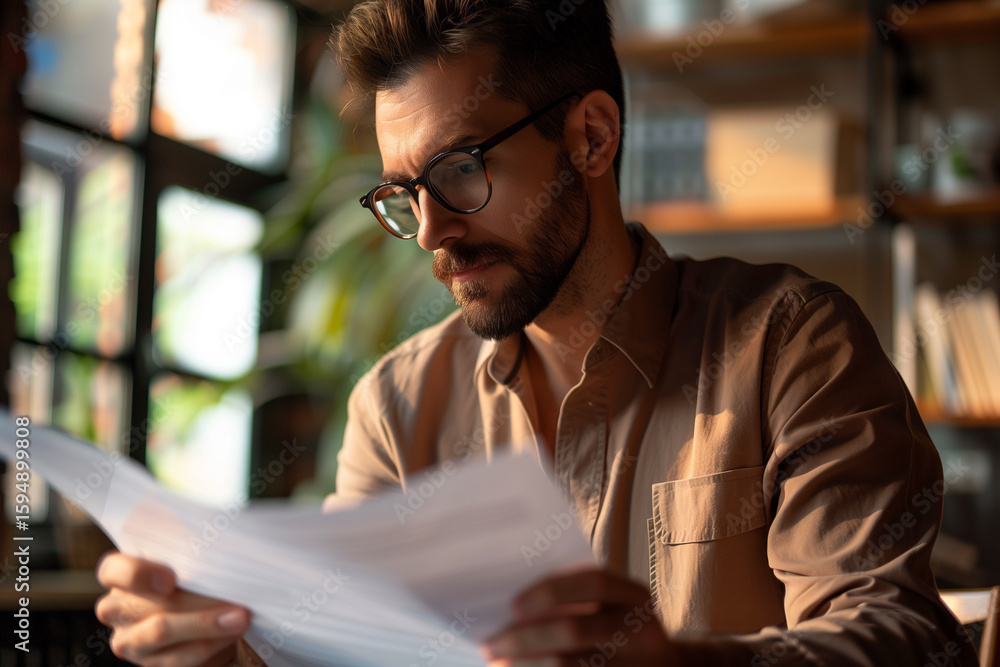 Obraz premium Thoughtful Man Reading Papers