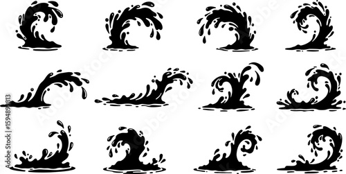 Vector art set of black silhouette tribal fire flower and bird leaf symbols