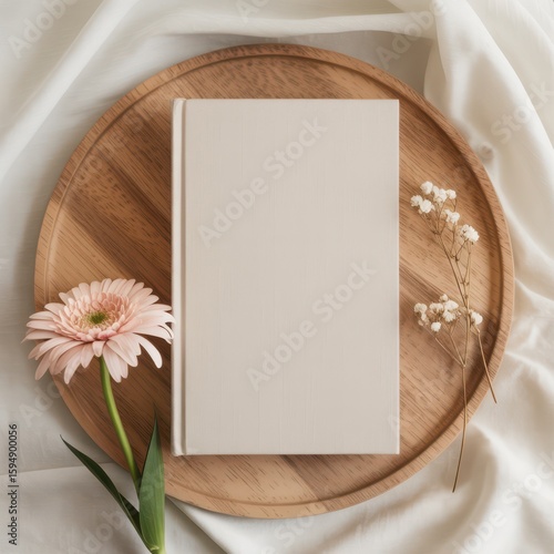 Paperback book mockup top-down view with flower on the side, blank cover, soft lighting, and 2x3 layout in clean minimalist style