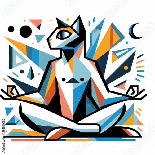 Geometric cat meditating in abstract style with colorful shapes on light background