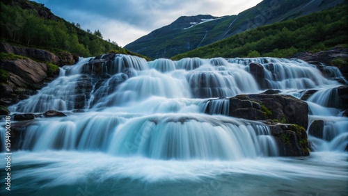 Majestic waterfall cascading over rocky terrain, surrounded by lush greenery and a mountainous backdrop under a cloudy sky.