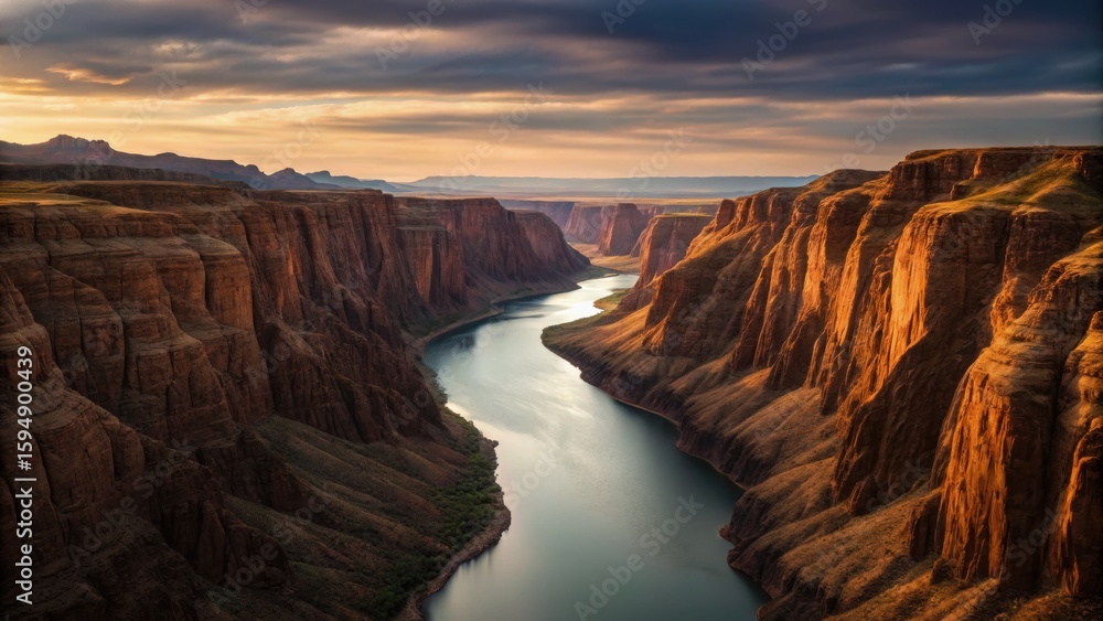 Fototapeta premium A breathtaking view of a river winding through dramatic cliffs under a colorful sky at sunset.