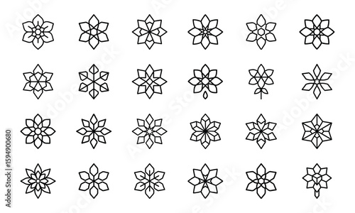 Decorative Flower and Floral Element Icon Set Featuring Wreaths, Potted Flowers, Hanging Blooms, Petals, and Stylized Lotus Designs in Minimal Silhouettes Style on White Background
