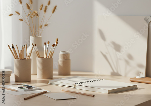 Inspiring creative workspace with paintbrushes, sketchbook, and neutral tones, under soft natural illumination
