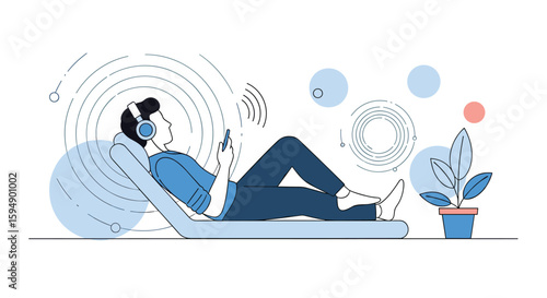 Person relaxing listening to music enjoying entertainment and leisure activities while using a smartphone