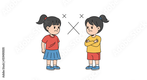 Two girls arguing fiercely showing their disagreement and opposition to each other with crossed arms and angry expressions