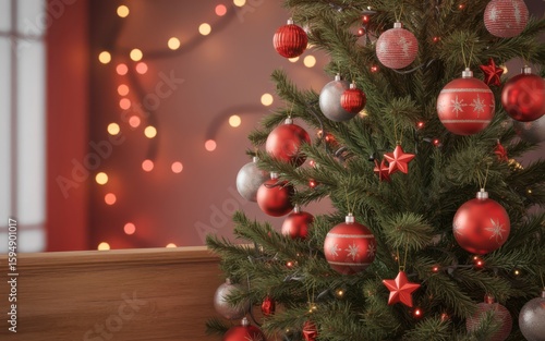 Holiday tree close-up with red and silver ornaments and glowing bokeh lights, warm Christmas background with natural wooden foreground