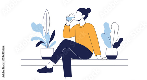 Young woman enjoys a refreshing drink while relaxing among potted plants in a bright and airy space