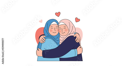 Two women embracing wearing hijabs with hearts floating around them showing affection and connection