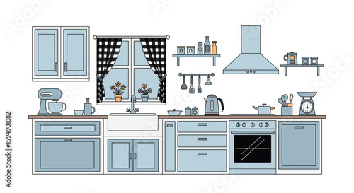 Modern kitchen interior design featuring integrated appliances and stylish cabinetry showcasing culinary essentials and natural light