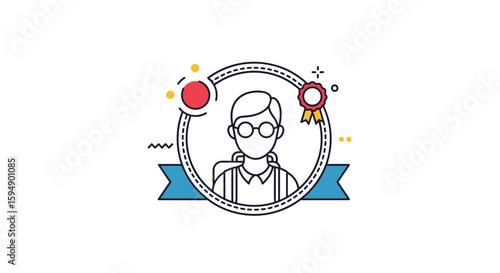 Illustration of a smart person with glasses sitting in a circle with ribbons and awards showing achievement and success