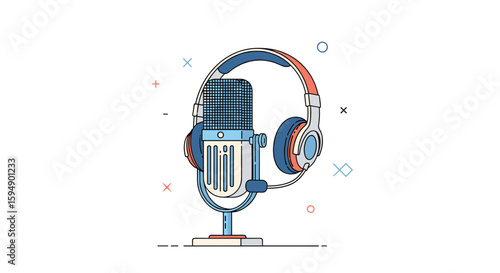 Vintage studio microphone with professional headphones for podcasting and broadcasting