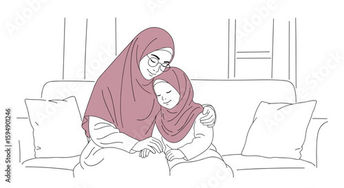 A tender moment between a mother embracing her daughter with love and comfort on a couch indoors