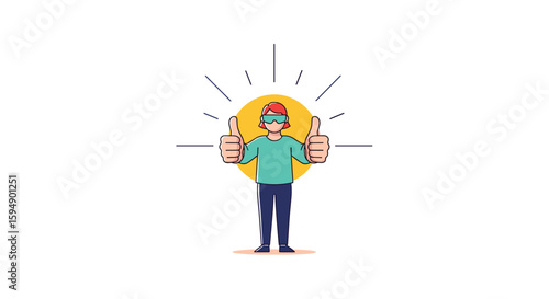 A person wearing goggles gives two thumbs up under a shining sun a symbol of achievement and positive reinforcement