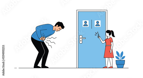 A man with stomach pain is waiting outside a restroom door while a child is ringing the doorbell