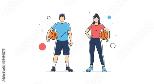 Athletic male and female players posing with basketballs during sports training session
