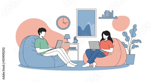 Two people sitting comfortably in beanbag chairs working on their laptops in a modern living room setting