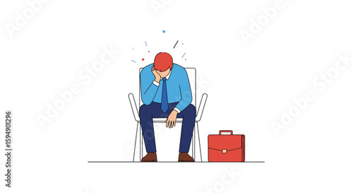 A business professional experiencing significant stress and despair while seated in a chair with a briefcase nearby
