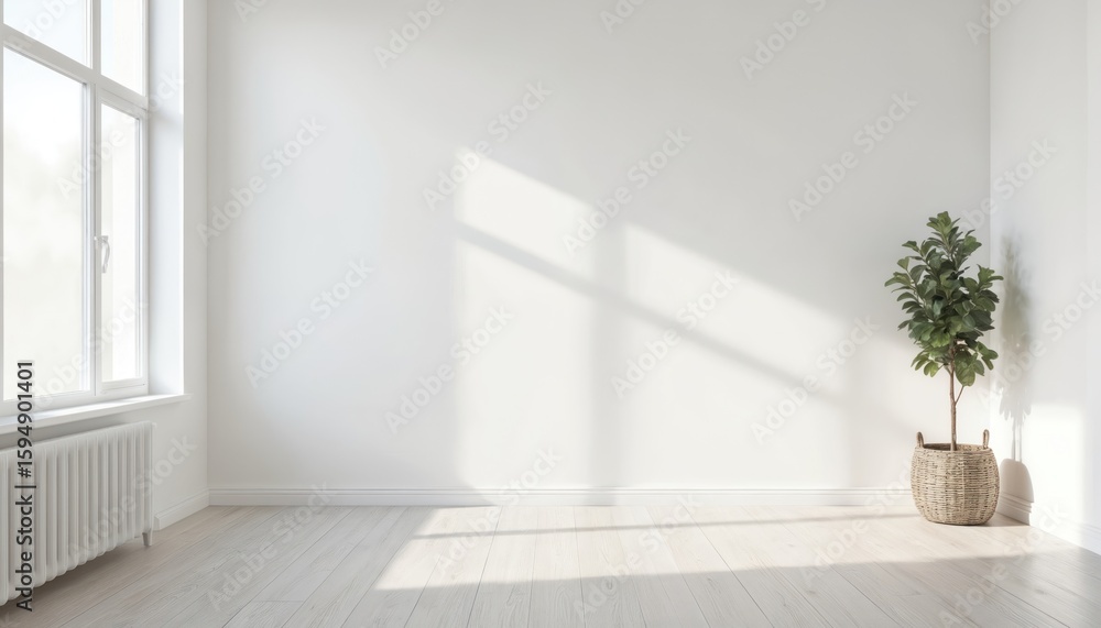 Fototapeta premium Bright white room interior empty space with large window, clean wooden floor, and potted plant. Minimalist design, natural light creating geometric shadows on textured wall.