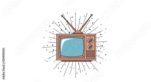 Retro television broadcast receiver with antennas and rays emitting from the sides