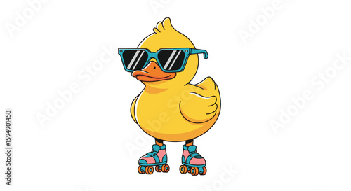 Cool yellow duck character wearing stylish sunglasses and roller skates enjoying a fun day