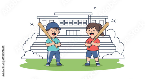 Two happy children holding baseball bats ready to play a game on the grass outside a large building