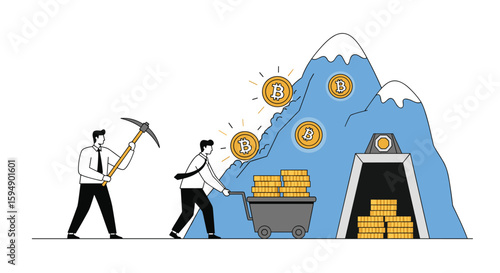Miners extracting gold coins from mountain symbolizing cryptocurrency mining operations and digital asset generation