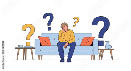 Man sitting on sofa surrounded by large question marks pondering deep thoughts and uncertainty
