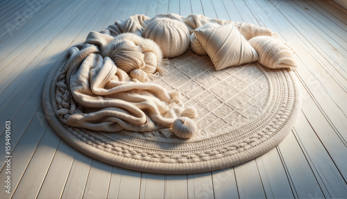 ight beige knitted round rug sits on a light-colored wooden floor with various knitted blankets, pillows .