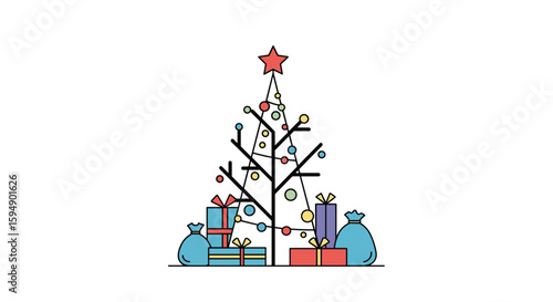 Festive christmas tree decorated with ornaments and gifts placed around its base ready for holiday celebrations