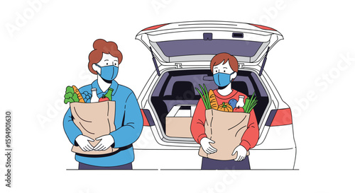 Two people wearing face masks are loading grocery bags into a car's open trunk during a pandemic emphasizing contactless shopping and public health safety measures