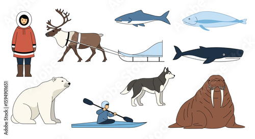 Arctic wildlife and traditional life scenes featuring inuit people and animals of the northern region
