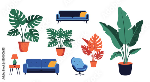 Modern living room decor featuring tropical houseplants and cozy seating arrangements for a refreshing ambiance